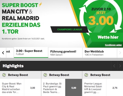 Betway Quoten Boost und Wettklub 2021