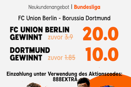 888 Quotenboost zu Union Berlin gegen Borussia Dortmund
