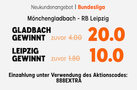 Gladbach gegen Leipzig mit dem 888sport Quotenboost tippen