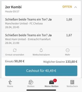 Cashout Option bei Tipico Wettschein