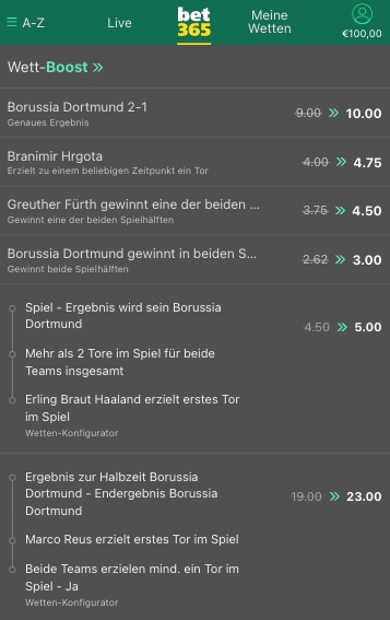 Fürth vs BVB Wett Boosts bei bet365
