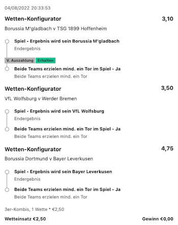 Zweite Wette bei bet365 verloren