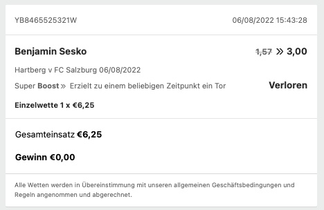 Sesko Wette verloren bei bet365