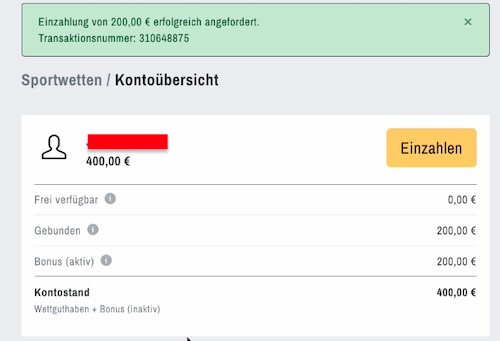 Einzahlung bei Admiralbet 200€ 