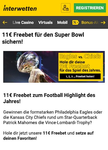 Super Bowl 11€ gratis Interwetten