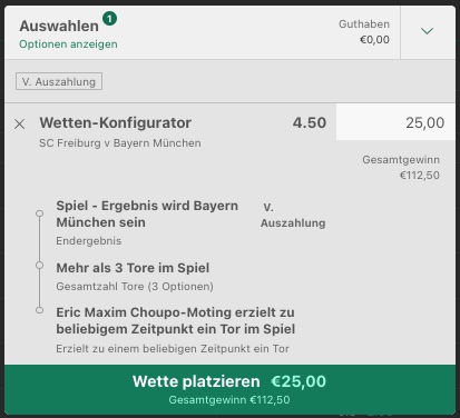 bet365 Wettschein zu Freiburg vs Bayern