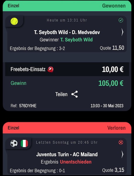 Gewonnener Außenseiter Tipp mit der Winamax Freebet