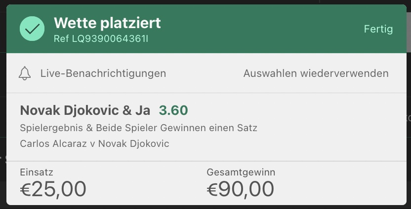 bet365 Wettschein French Open Halbfinale