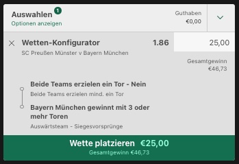 bet365 Quoten Sieg Bayern gegen Preussen Münster