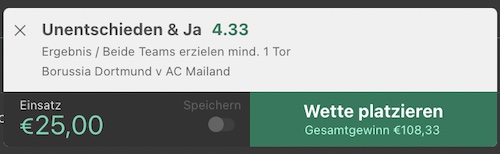 bet365 Wettschein BVB Milan