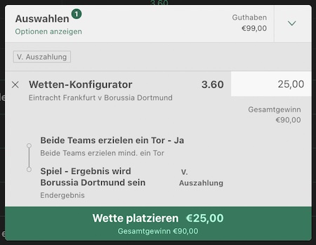 bet365 Wettschein Frankfurt vs BVB