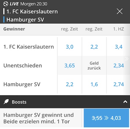 Neobet Boost Sieg HSV vs Kaiserslautern