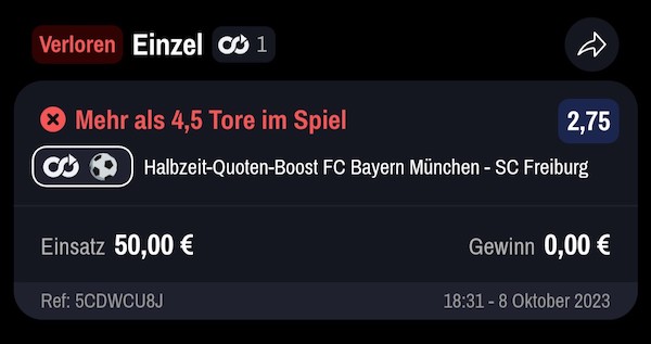 Verlorener Winamax Halbzeit Boost bei Bayern vs. Freiburg