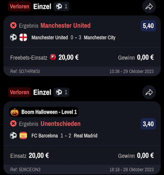 Zwei verlorene Wette auf die Topspiele in Woche 43