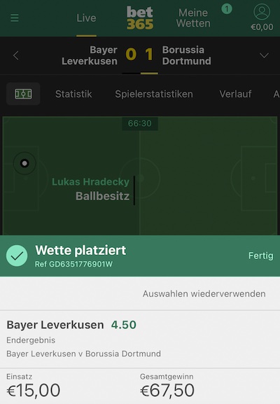 Wette platziert bei bet365