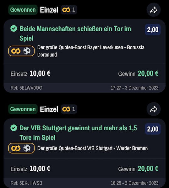 Gewonnene Bundesliga Wetten bei Winamax zum 13. Spieltag