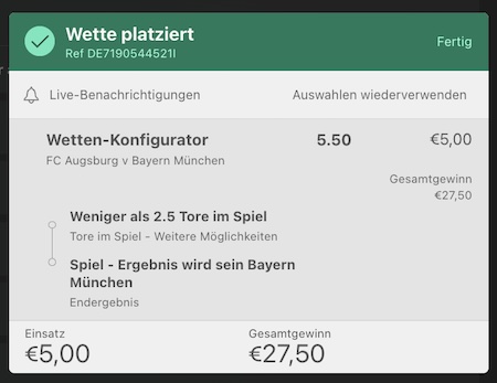 Bayern Sieg Tipp und weniger als 2,5 Tore