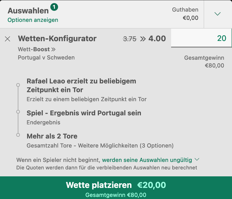 Bet365 Wette mit Quotenboist bei Portugal-schweden