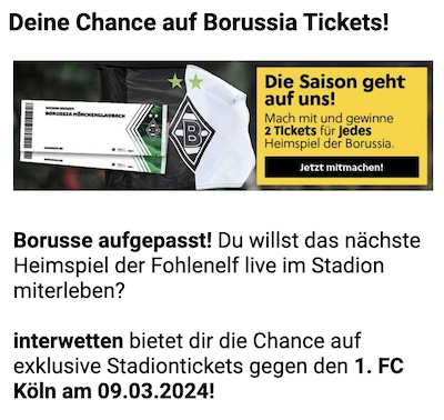 Interwetten Gladbach Köln Tickets gewinnen
