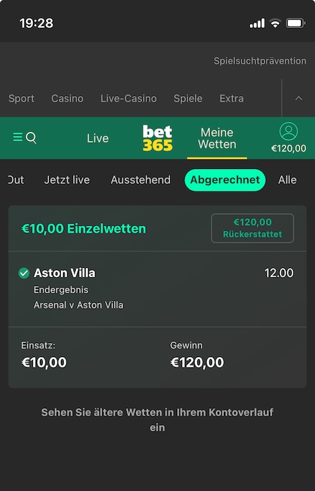 Wettschein gewonnen bet365 Arsenal vs Aston Villa