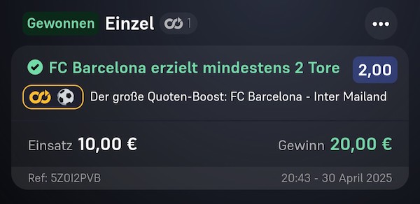 Barcelona erzielt gegen Inter Mailand zwei Tore und wir gewinnen unseren Quotenboost! 