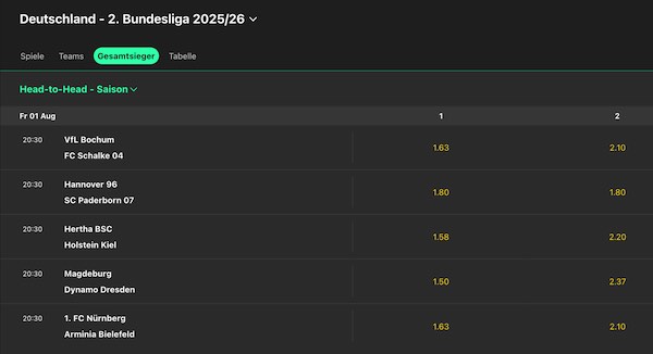 bet365 head to head wetten für die 2. bundesliga