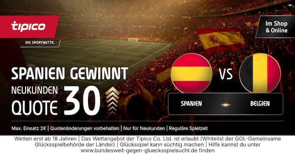 Quote 30,0 Spanien besiegt Belgien Tipico WM 2026